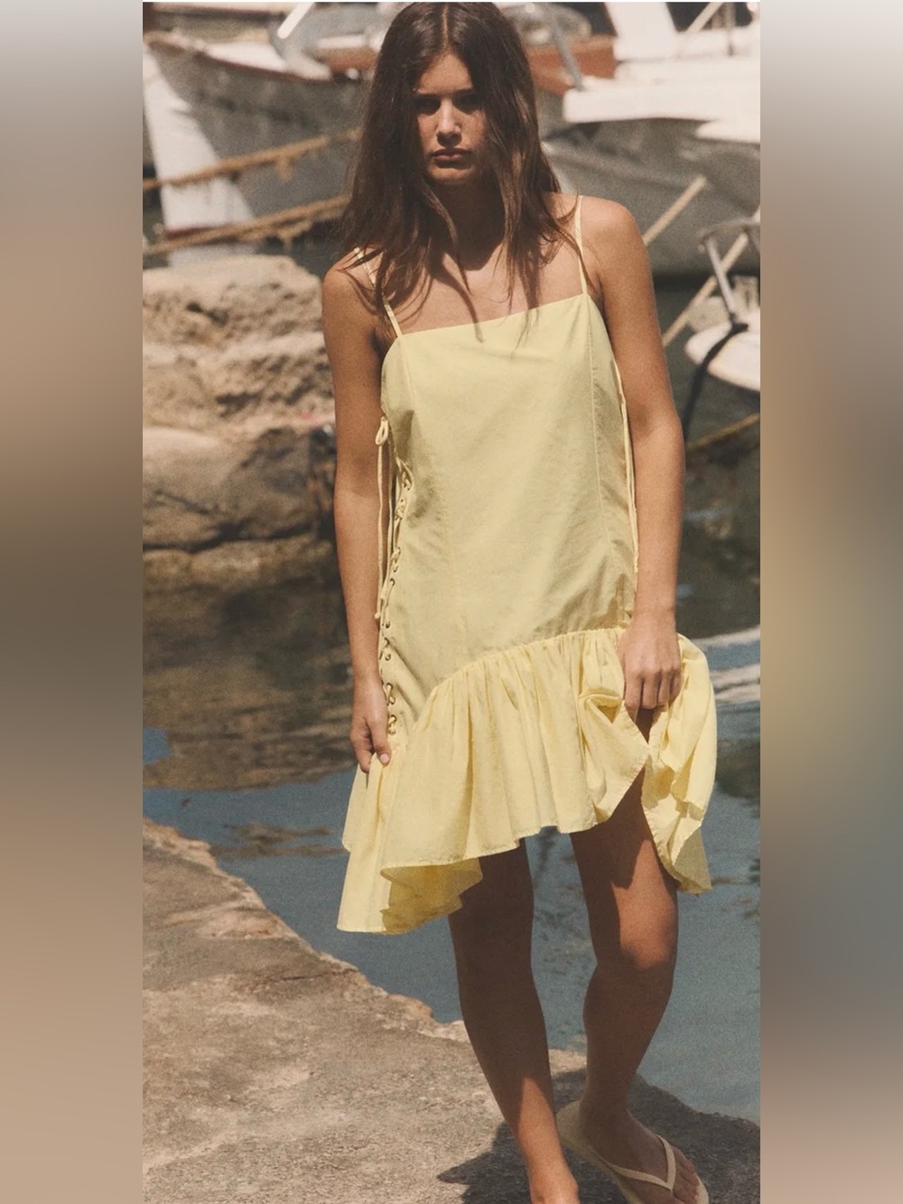 EUC ZARA RUFFLED POPLIN DRESS WITH DRAWSTRINGS Yellow Size large